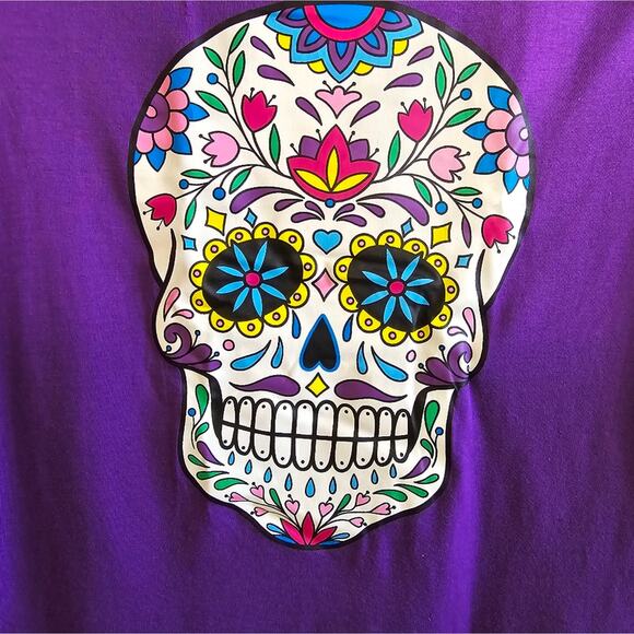 Purple Sugar Skull T-Shirt Colorful Bobbie Brooks Day Of The Dead Graphic Tee S - Picture 3 of 10